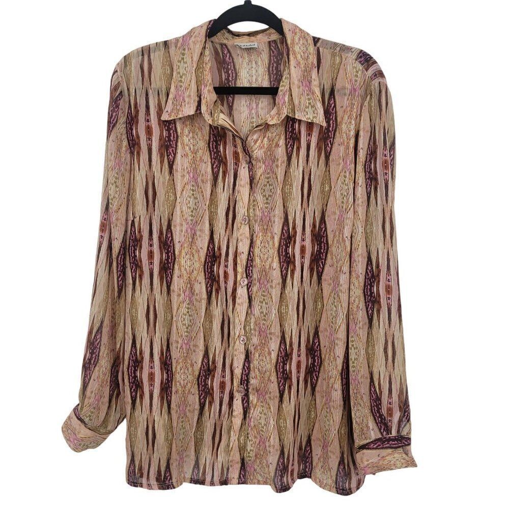 Vintage 70s Sheer Button Down‎ Blouse XL Pink Metallic Geometric Striped Groovy
